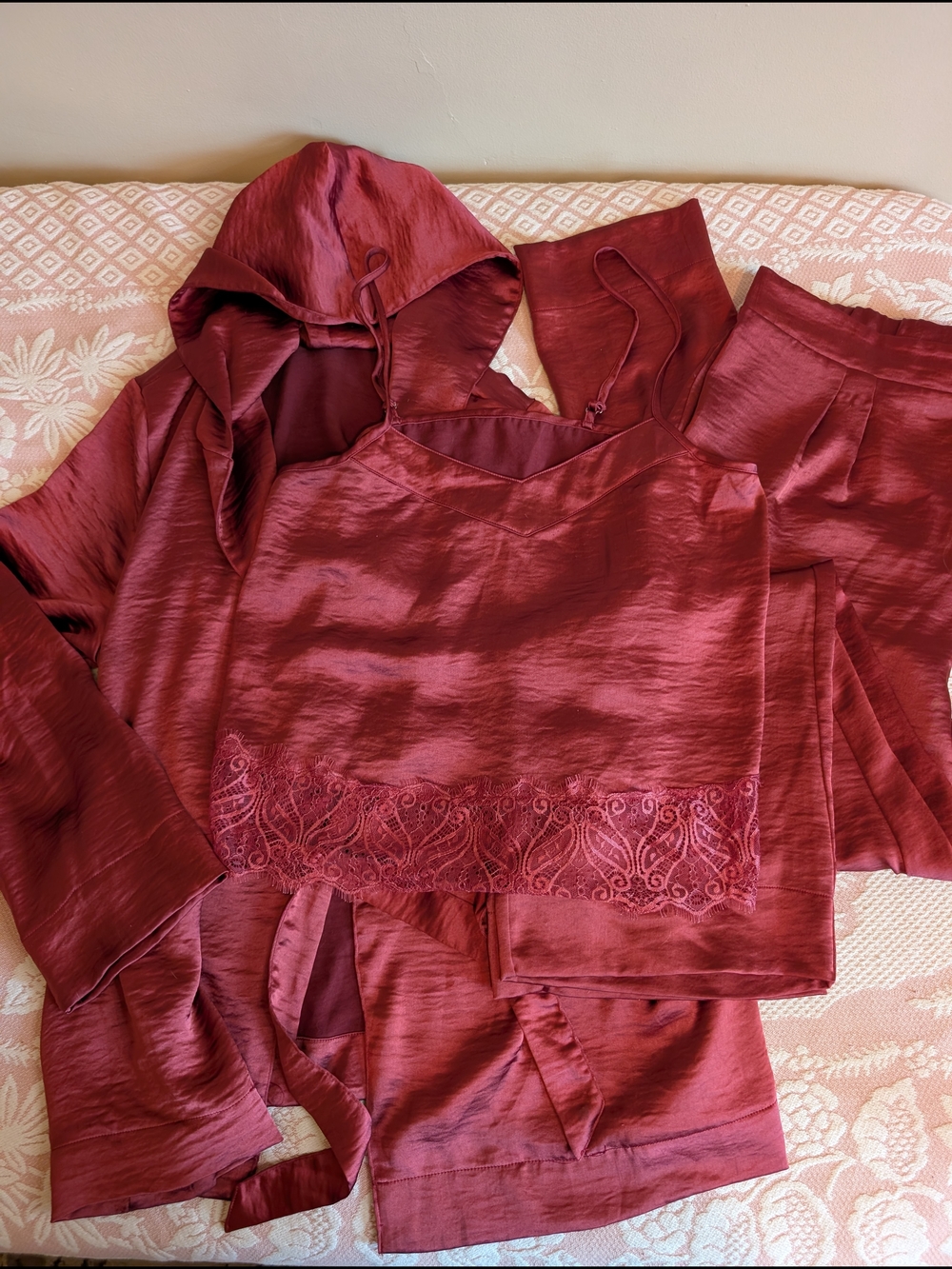 Adyson Parker Wine Satin Hooded Pajama Set with Lace Trim